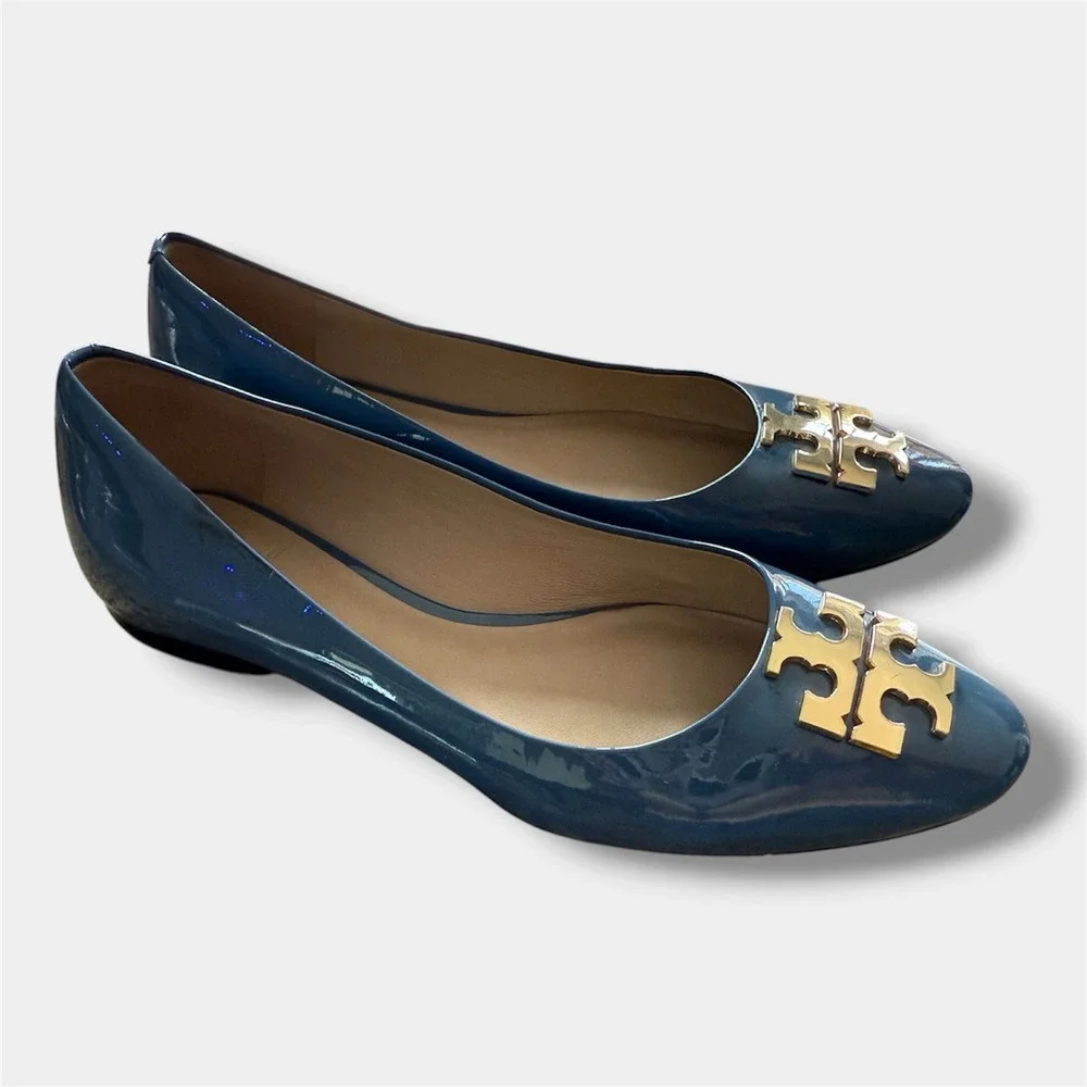 Tory Burch Reva Ballet Flats sz 7M Blue Patent Leather Gold Logo‎ Medallion Good